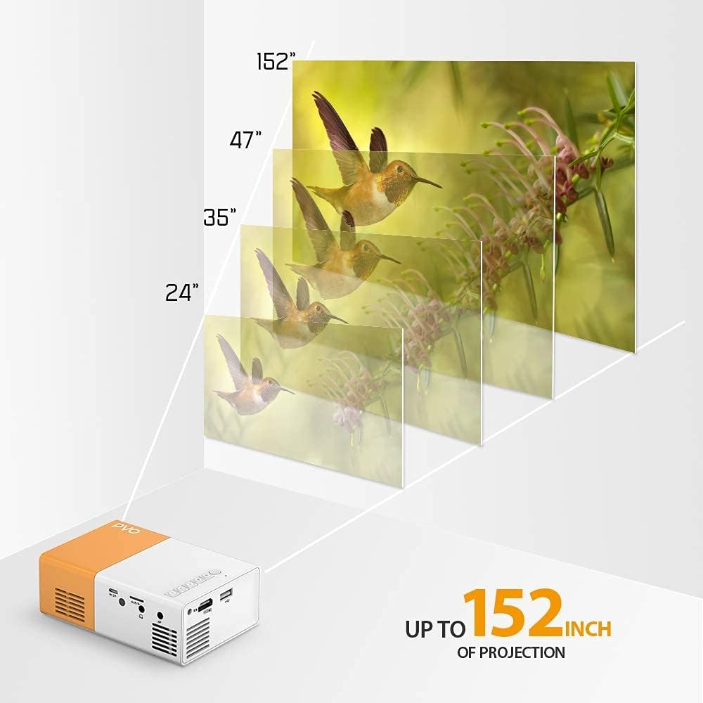Mini Projector, PVO Portable Projector for Cartoon, Kids Gift, Outdoor Movie Projector, LED Pico Video Projector for Home Theater Movie Projector with HDMI USB Interfaces and Remote Control PVO