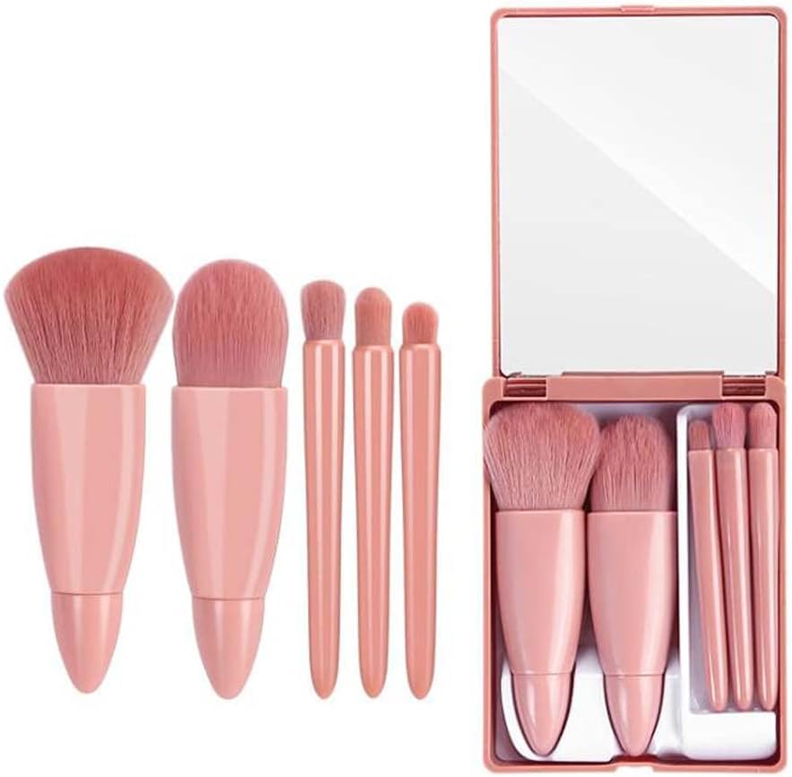 5-Piece Pink Makeup Brush Set with Compact Mirror – Essential Makeup Brushes Kit with Blush, Highlighter, and Concealer Brushes – Travel-Friendly Beauty Tool Set in Box with Mirror Visit the INFLUX Store