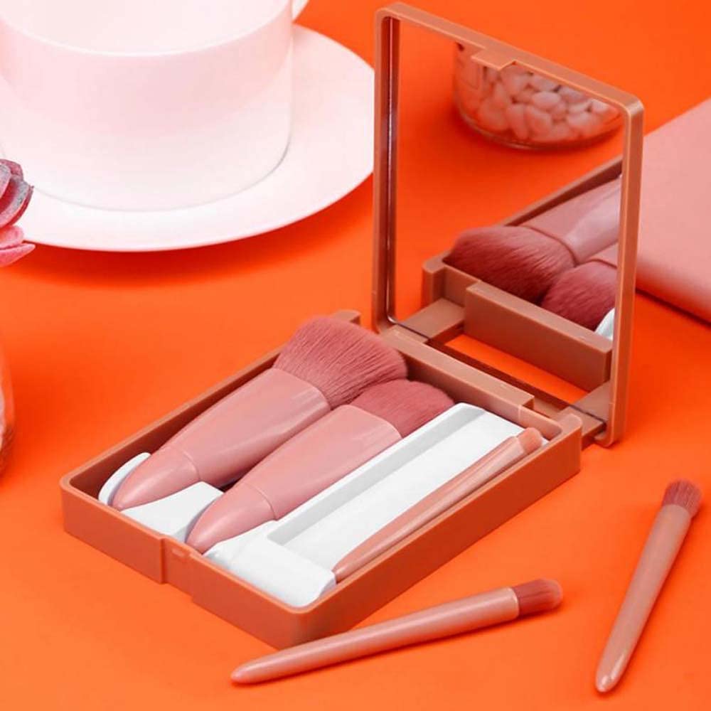 COSHINE Easy-taken Travel Makeup Brush Set, 5pcs Mini Complete Function Cosmetic Brushes Kit (5pcs with mirror) COSHINE