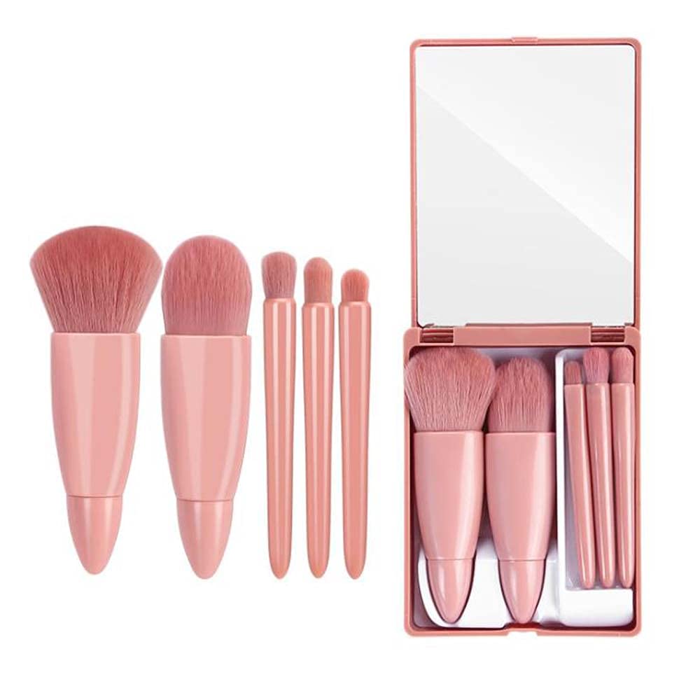 COSHINE Easy-taken Travel Makeup Brush Set, 5pcs Mini Complete Function Cosmetic Brushes Kit (5pcs with mirror) COSHINE