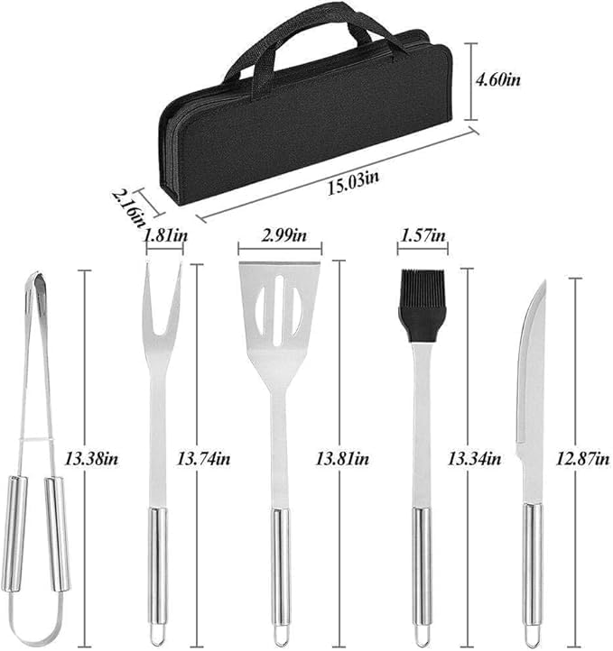 INFLUX Premium 5pcs Stainless Steel BBQ Grill Tool Set with Knife, Brush, Fork, Spatula, Tongs & Oxford Bag - Ideal for Outdoor Grilling in UAE Grill Accessories, Barbecue Utensil for Outdoor Cooking