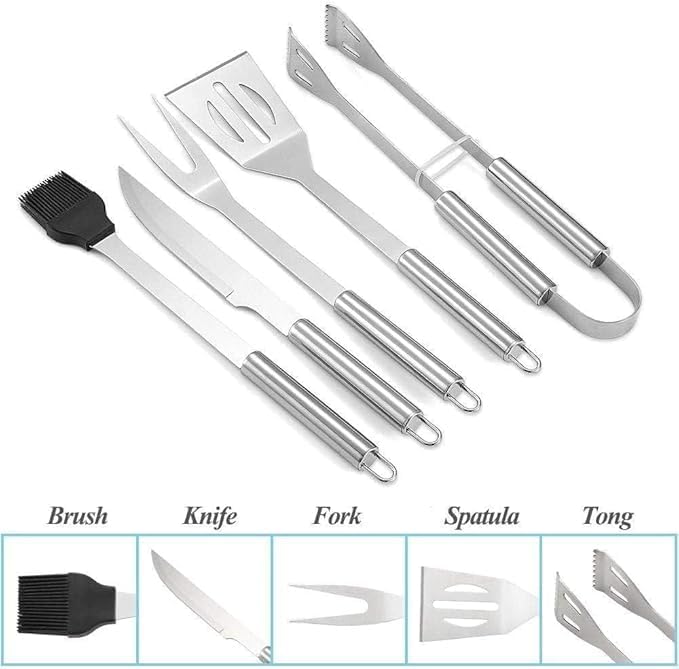 INFLUX Premium 5pcs Stainless Steel BBQ Grill Tool Set with Knife, Brush, Fork, Spatula, Tongs & Oxford Bag - Ideal for Outdoor Grilling in UAE Grill Accessories, Barbecue Utensil for Outdoor Cooking