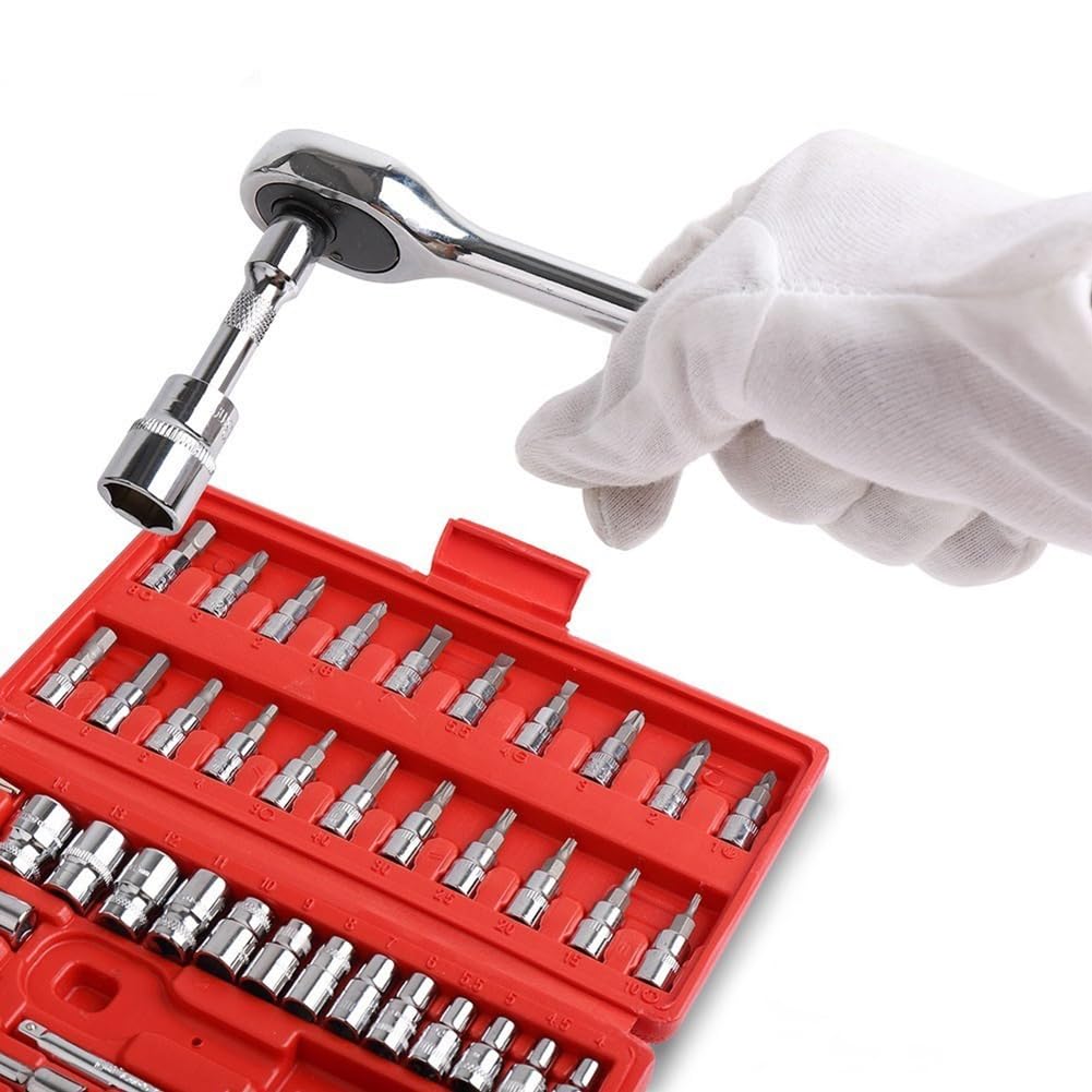 46 Pcs 1/4'' Drive Socket Wrench Set, Ratchet Wrench Set with 4-14mm Cr-V Sockets,Screwdriver Bits,Extension Bars for Car Bike Repair and Home Maintenance