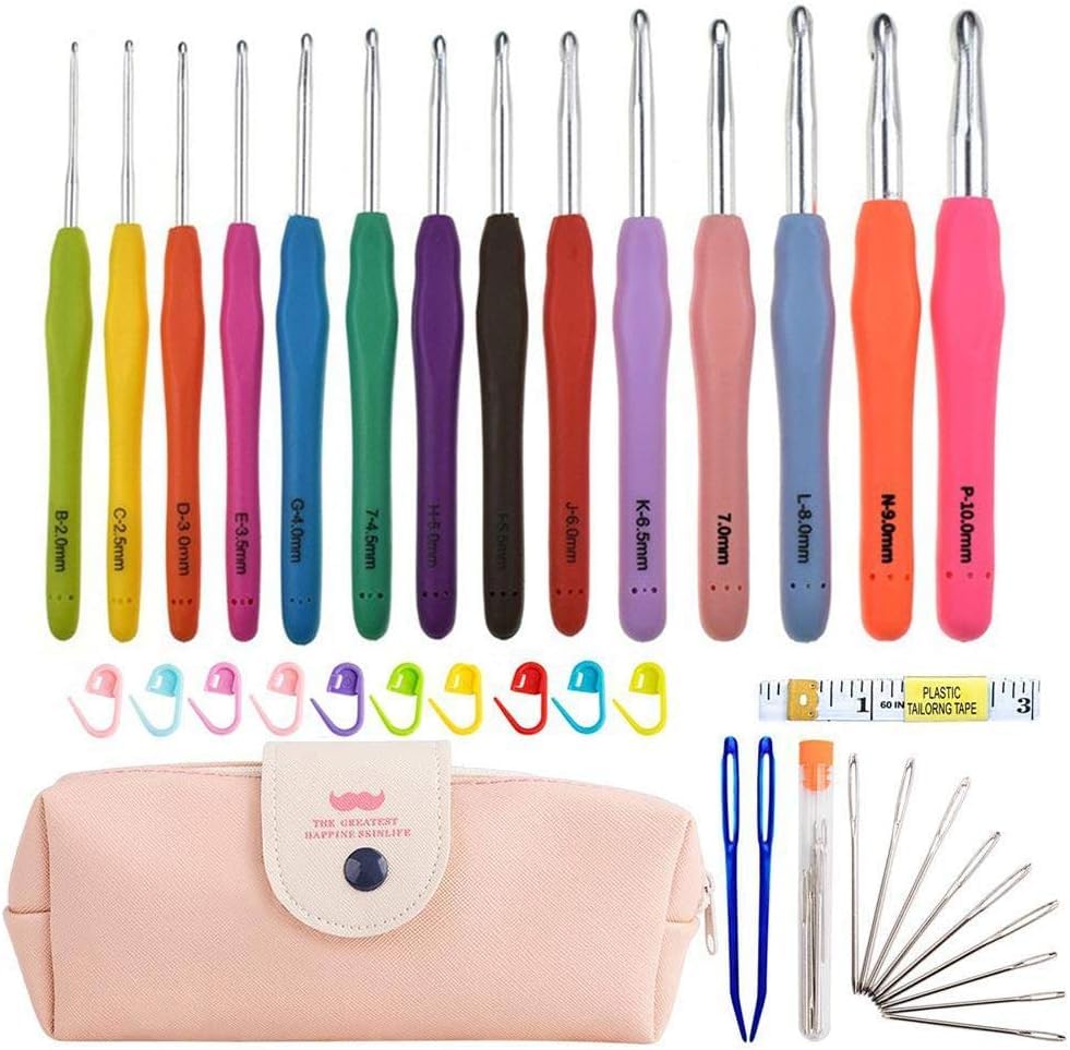 (14-Piece 2mm/B -10mm/N) Crochet Kit with Ergonomic Hooks, Yarn Needles, Stitch Markers & Portable Storage Bag - Ideal for Beginners & Experts, Travel Essential tweezer and sewing kit Visit the INFLUX Store