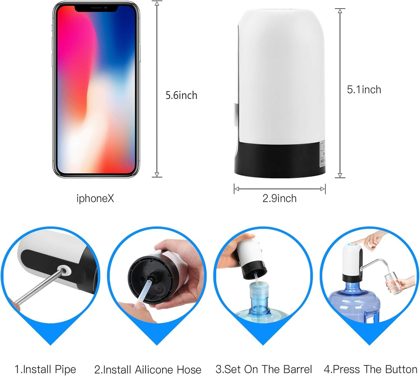 INFLUX Electric USB Water Pump Dispenser for 5 Gallon Water Bottles–Portable Water Cooler and Dispenser Pump, Fits Standard Water Gallons, Automatic Water Dispenser Pump for Office, Home, Camping