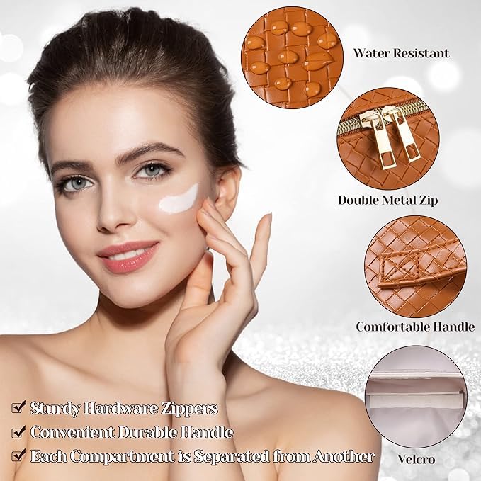 INFLUX Brown Makeup Organizer Bag for Women–Travel Bag, Luggage Bag, and Cosmetic Storage Pouch – Elegant Gift for Women and Travel Essential Toiletry Bag for Women, PU Leather Waterproof Cosmetic Bag Visit the INFLUX Store