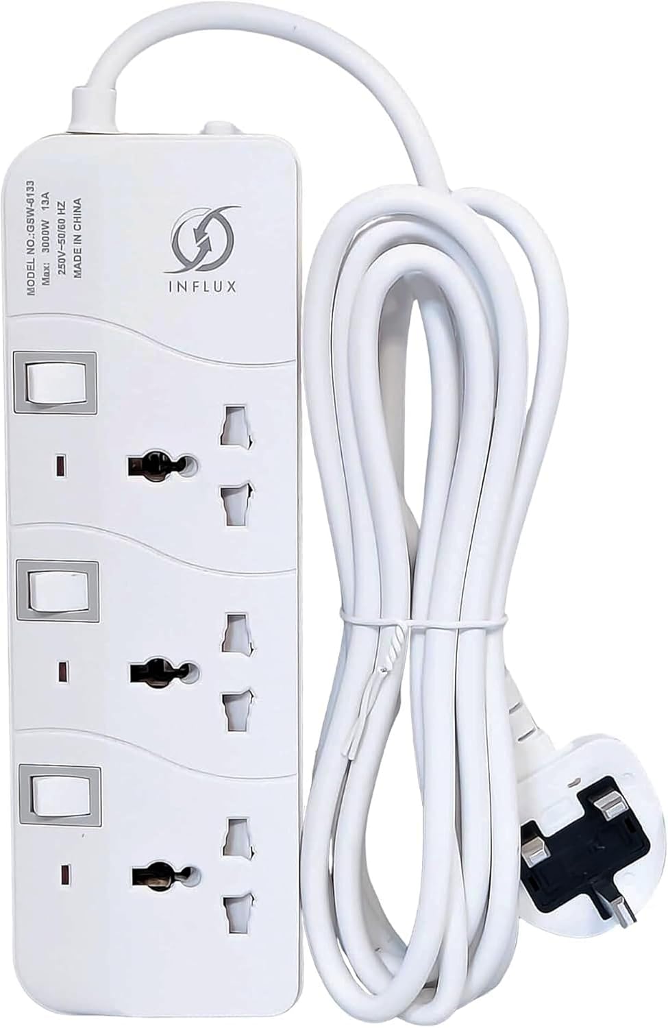 INFLUX Extension Cord, 3-Outlet 3-Meter, Versatile Multi-Plug Power Extension Cable for Safe and Efficient Power Distribution – Ideal Extension Plug for Home, Office with individual safety buttons INFLUX