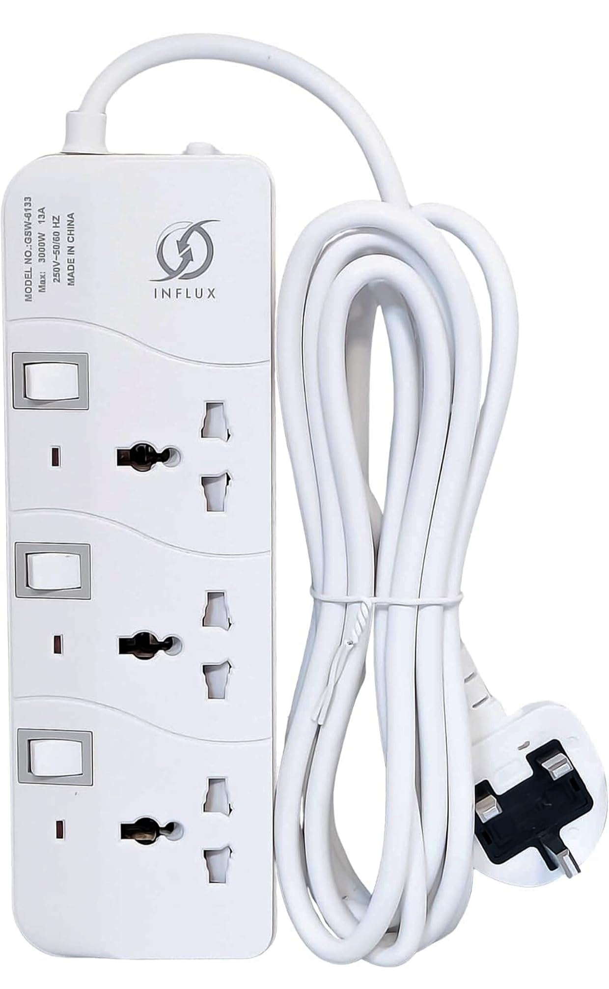 INFLUX Extension Cord, 3-Outlet 3-Meter, Versatile Multi-Plug Power Extension Cable for Safe and Efficient Power Distribution – Ideal Extension Plug for Home, Office with individual safety buttons INFLUX