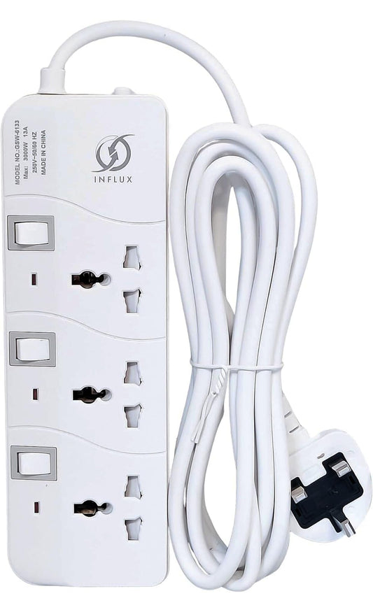 INFLUX Extension Cord, 3-Outlet 3-Meter, Versatile Multi-Plug Power Extension Cable for Safe and Efficient Power Distribution – Ideal Extension Plug for Home, Office with individual safety buttons INFLUX