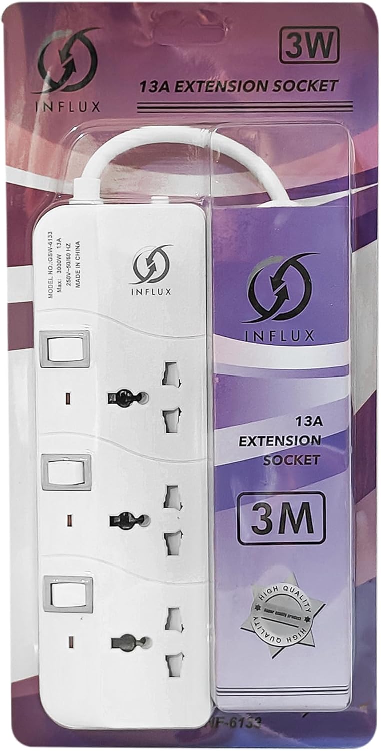 INFLUX Extension Cord, 3-Outlet 3-Meter, Versatile Multi-Plug Power Extension Cable for Safe and Efficient Power Distribution – Ideal Extension Plug for Home, Office with individual safety buttons INFLUX