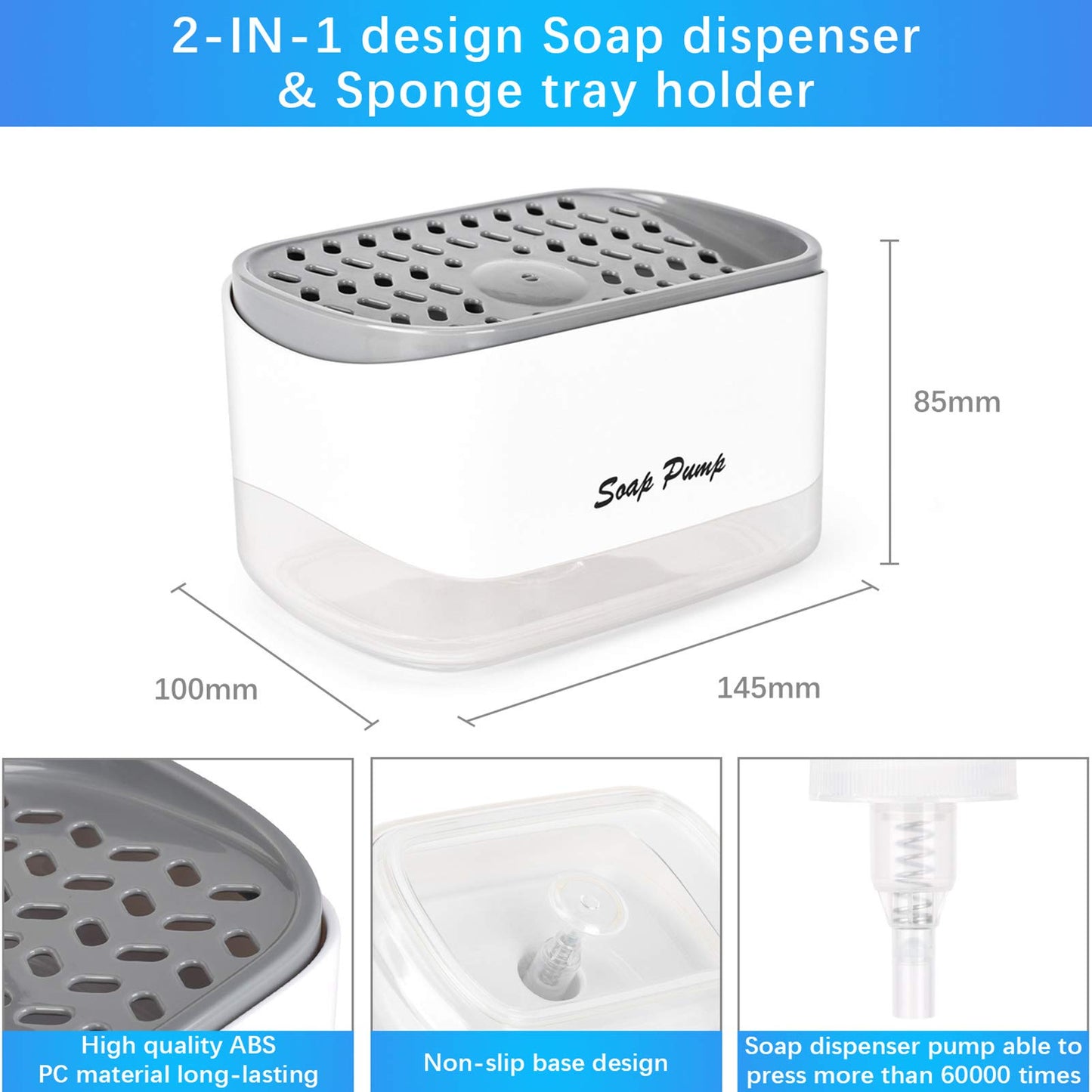 Bestseek Kitchen Dish Soap Dispenser with Sponge Holder, Newest 2-in-1 Countertop Soap Pump Dispenser, for Kitchen Sink Dishwashing Soap Dispenser - 12.5 Ounces