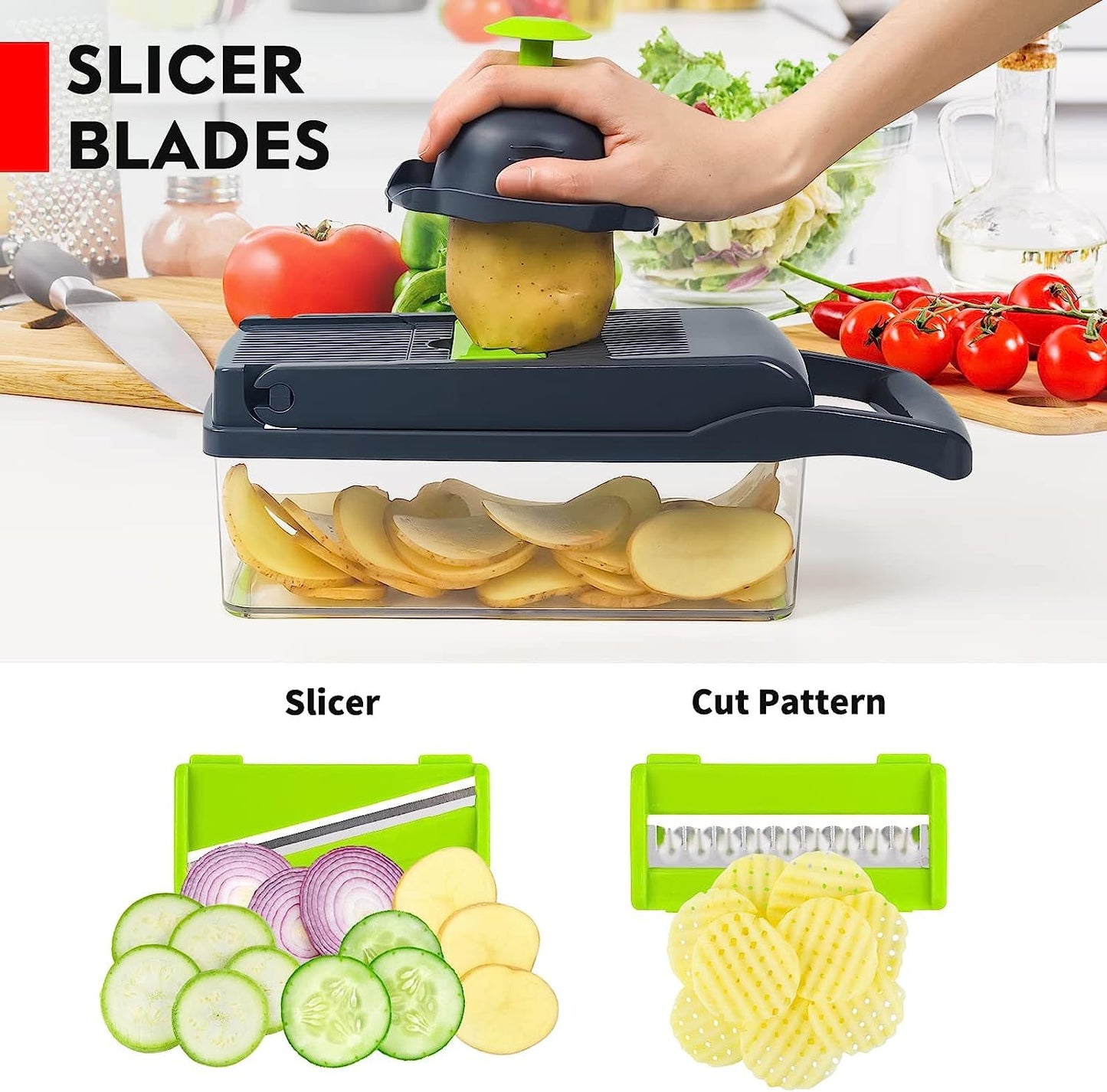 INFLUX Pro Onion Chopper – 16-in-1 Multifunctional Food Processor and Vegetable Chopper with 8 Blades, Ideal for Carrots, Garlic, and More – Essential Kitchen Accessory with Storage Container and Sal