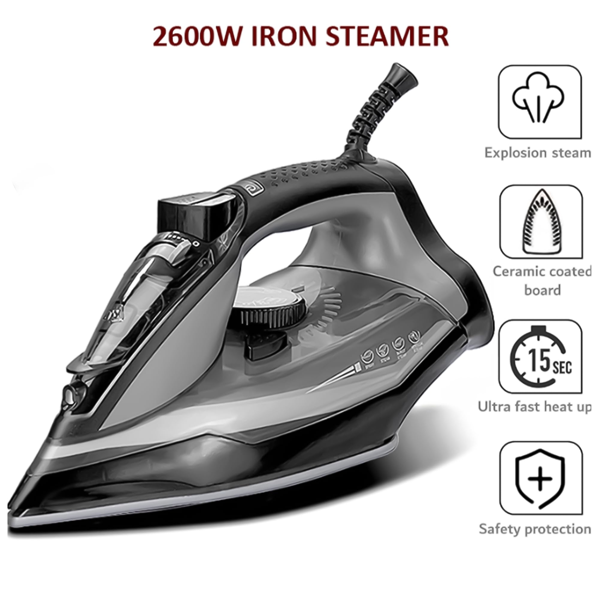 2600W Steam Iron – Ceramic Coated Soleplate, Auto Shut-Off, Anti-Calc Drip Self-Cleaning, Continuous Steam, 450ml Water Tank, Steam Burst & Spray Function – Travel Iron for Wrinkle-Free Clothes