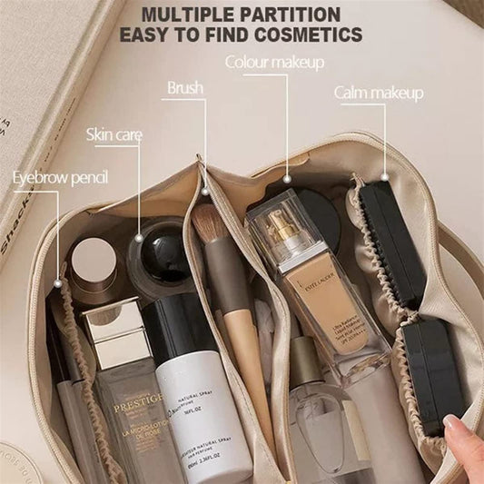 WBOOO Large Capacity Travel Cosmetic Bag, Multifunction Organizer Storage Bag, Makeup Bag with Handle and Dividers, Skincare Dispenser, Toiletry Bag for Women, 9.25x4.13x4.33 inch - Beige. WBOOO