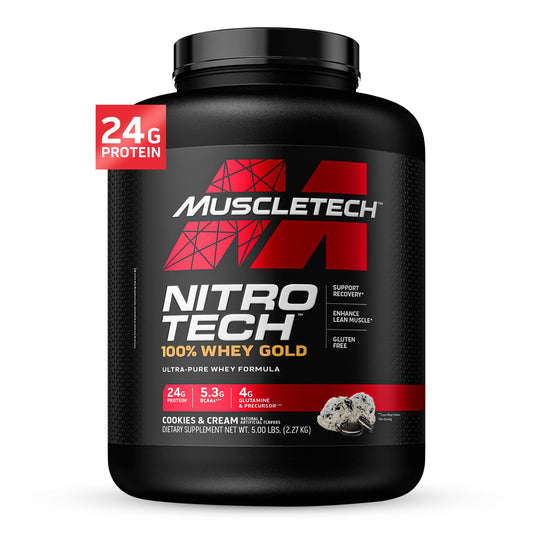 Muscletech Nitro Tech Ultra-Pure Whey Protein Formula for Fast Recovery Gluten Free with 24 grams Protein, 5.3 grams BCAAs & 4 grams Glutamine & Precursor Protein Drink, Cookies & Cream, 5.00 lbs