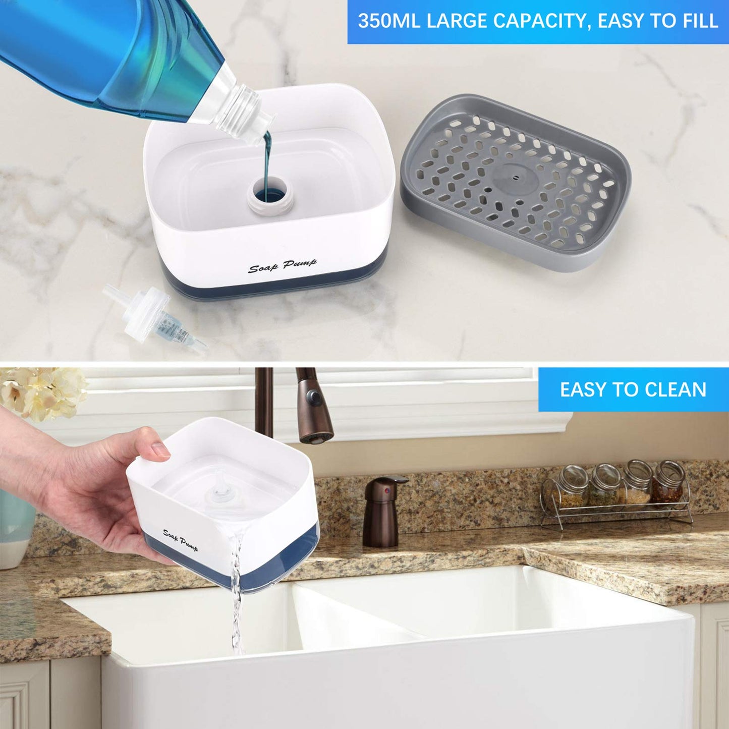 Bestseek Kitchen Dish Soap Dispenser with Sponge Holder, Newest 2-in-1 Countertop Soap Pump Dispenser, for Kitchen Sink Dishwashing Soap Dispenser - 12.5 Ounces