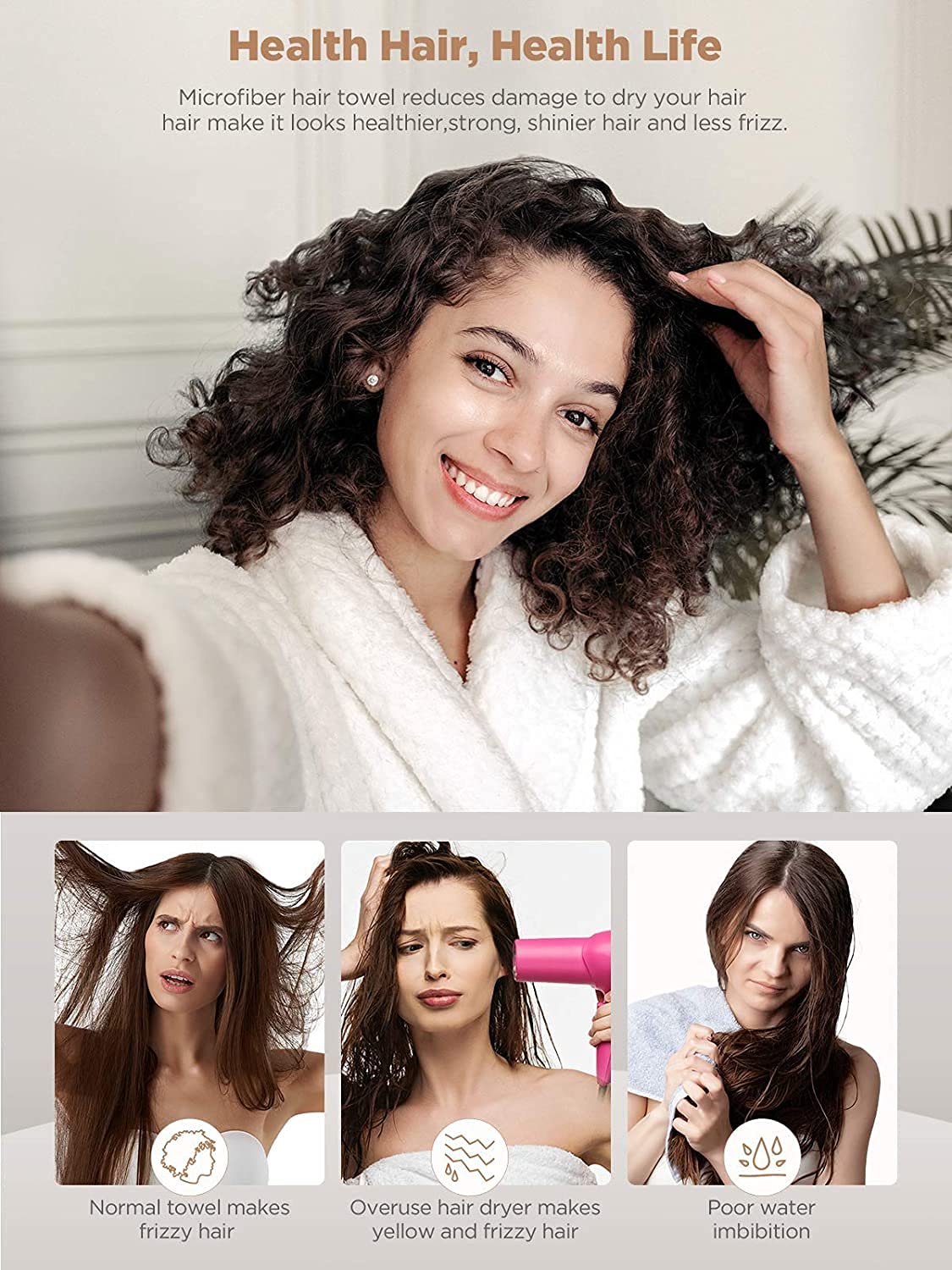 Microfiber Hair Towel, 3 Packs Hair Turbans for Wet Hair, Drying Hair Wrap Towels for Curly Hair Women Anti Frizz Color Assorted Hicober