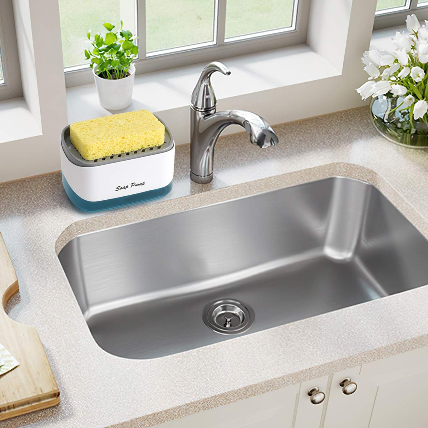 Bestseek Kitchen Dish Soap Dispenser with Sponge Holder, Newest 2-in-1 Countertop Soap Pump Dispenser, for Kitchen Sink Dishwashing Soap Dispenser - 12.5 Ounces