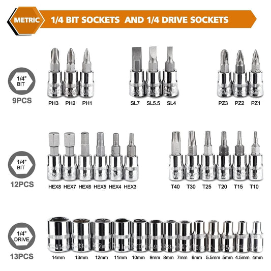 46 Pcs 1/4'' Drive Socket Wrench Set, Ratchet Wrench Set with 4-14mm Cr-V Sockets,Screwdriver Bits,Extension Bars for Car Bike Repair and Home Maintenance