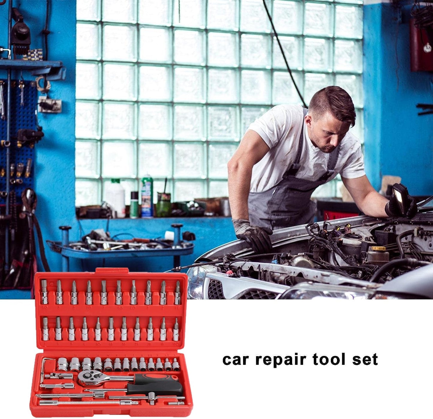46 Pcs 1/4'' Drive Socket Wrench Set, Ratchet Wrench Set with 4-14mm Cr-V Sockets,Screwdriver Bits,Extension Bars for Car Bike Repair and Home Maintenance