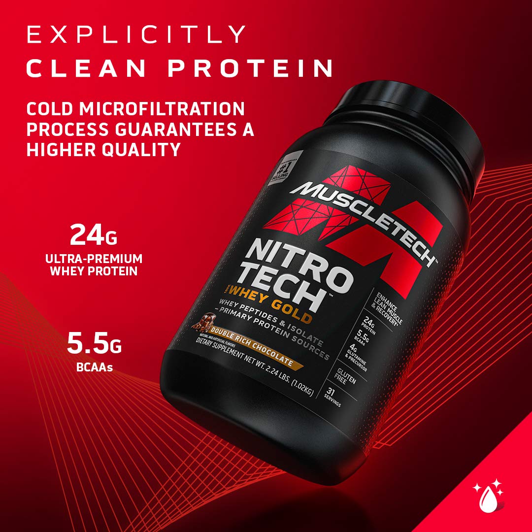 Muscletech Nitro Tech Ultra-Pure Whey Protein Formula for Fast Recovery Gluten Free with 24 grams Protein, 5.3 grams BCAAs & 4 grams Glutamine & Precursor Protein Drink, Cookies & Cream, 5.00 lbs
