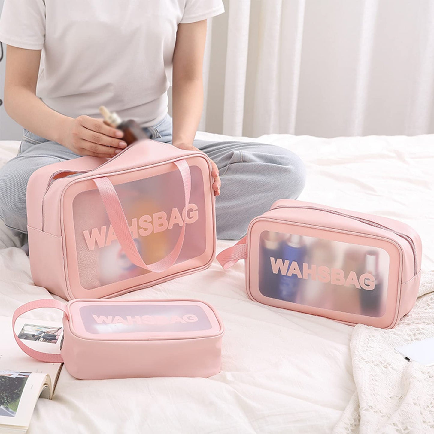 3Pcs Cosmetic Bag Vinyl Air Travel Toiletry Bags Bulk, Water Resistant PVC Packing Cubes with Zipper Closure & Carry Handle for Women Baby Men, Make-up brush Case Beach Pool Spa Gym Bag ZUOMIDIE