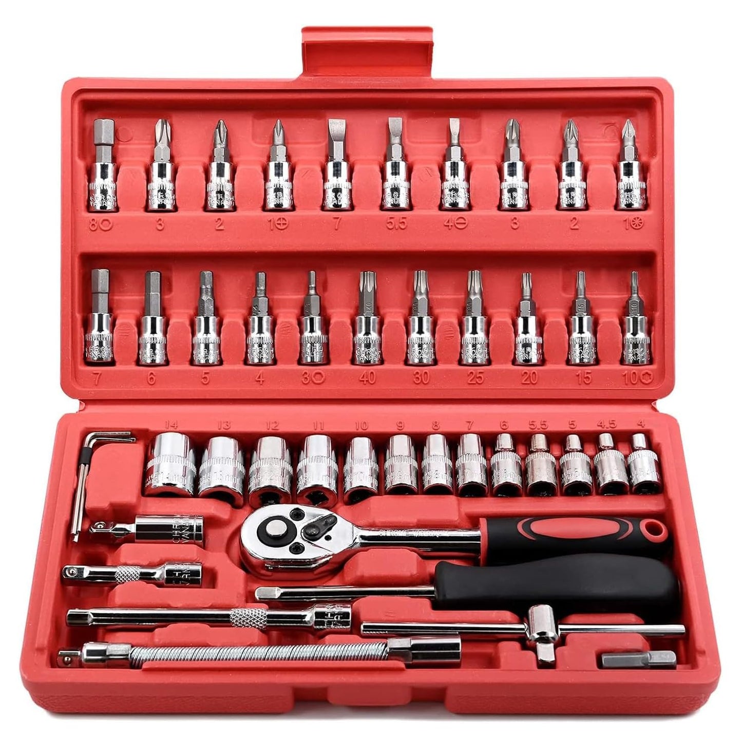 46 Pcs 1/4'' Drive Socket Wrench Set, Ratchet Wrench Set with 4-14mm Cr-V Sockets,Screwdriver Bits,Extension Bars for Car Bike Repair and Home Maintenance