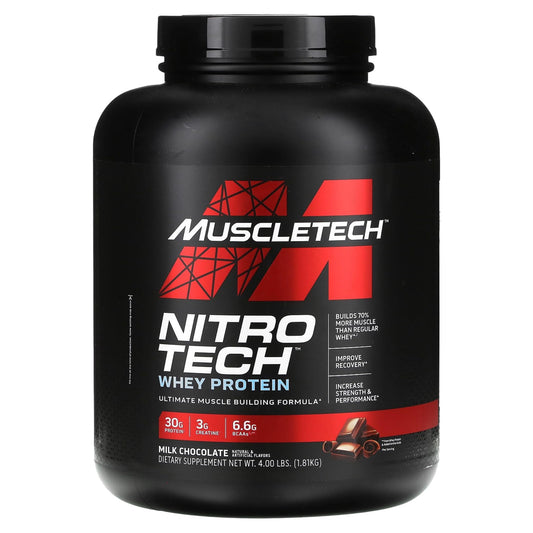 Muscletech Nitro-Tech Whey Protein Ultimate Muscle Building Formula with a Unique Blend of Whey Protein Isolate & Peptides - 30gm Protein, 3gm Creatine & 6.6gm BCAAs, Milk Chocolate Flavor, 4.00 lbs