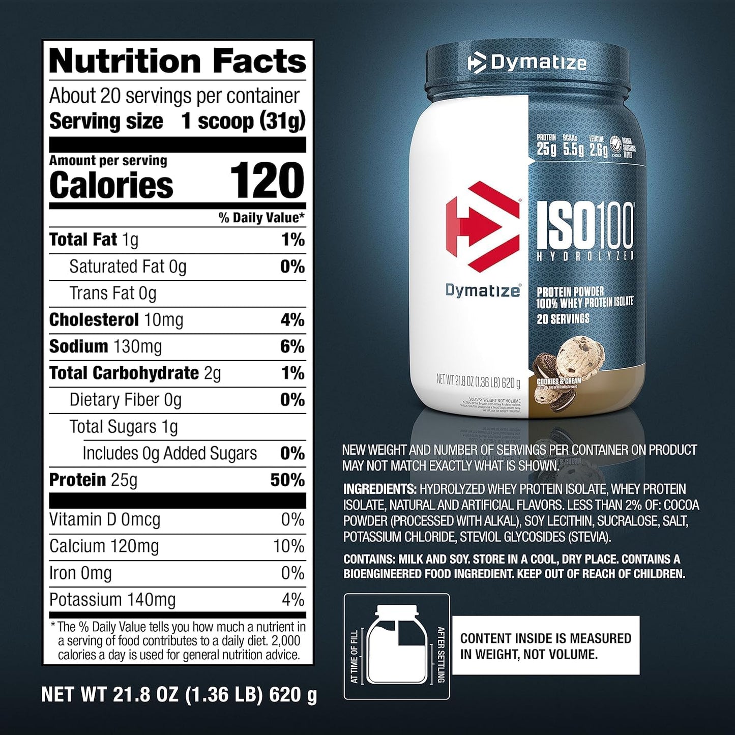 Dymatize ISO 100 20 Serving Cookies And Cream 620 Gm