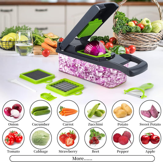 INFLUX Pro Onion Chopper – 16-in-1 Multifunctional Food Processor and Vegetable Chopper with 8 Blades, Ideal for Carrots, Garlic, and More – Essential Kitchen Accessory with Storage Container and Sal