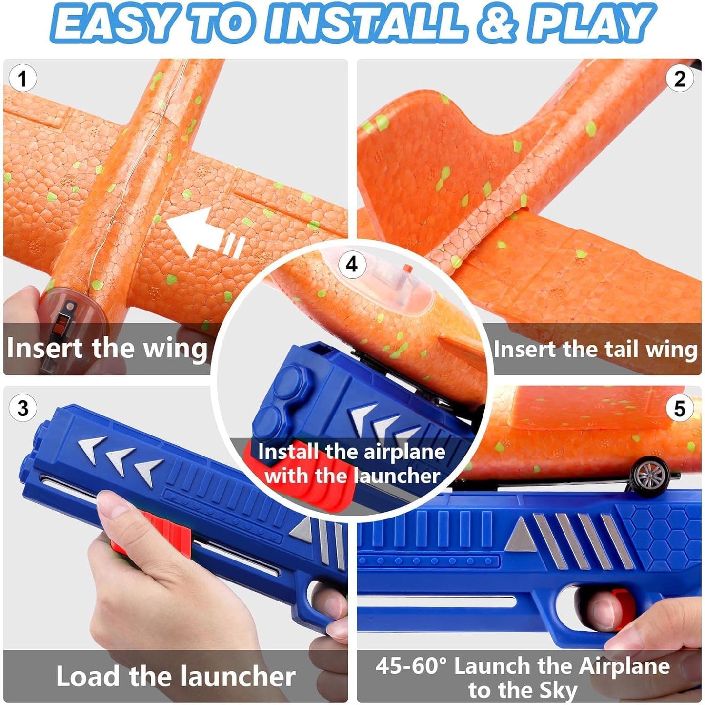 INFLUX Airplane Launcher Gun for Kids - (Pack of 2) Foam Glider Plane with Launcher Set, Includes Two Catapult Planes for Boys and Girls, Perfect for Kids 4-5 Years Old