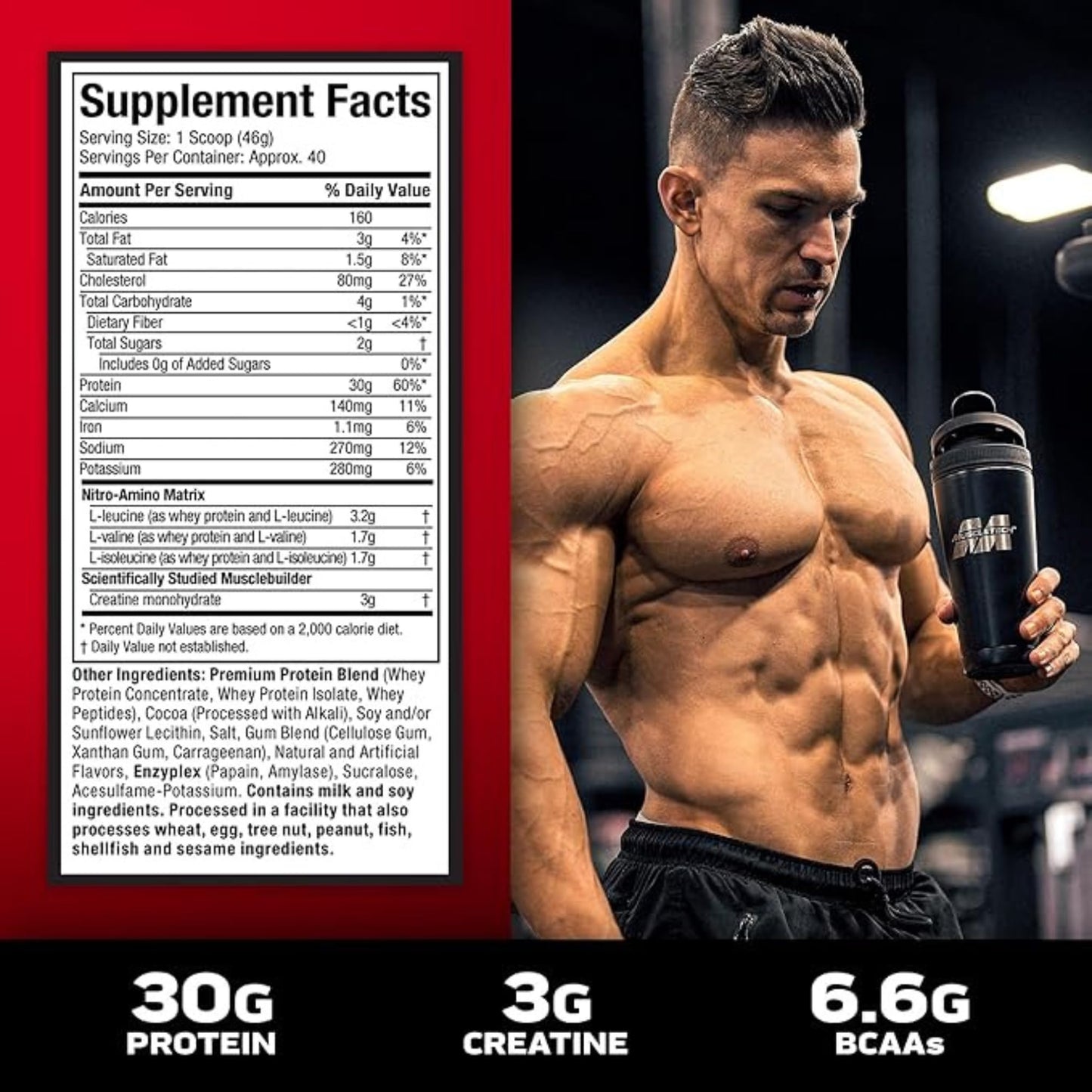 Muscletech Nitro-Tech Whey Protein Ultimate Muscle Building Formula with a Unique Blend of Whey Protein Isolate & Peptides - 30gm Protein, 3gm Creatine & 6.6gm BCAAs, Milk Chocolate Flavor, 4.00 lbs