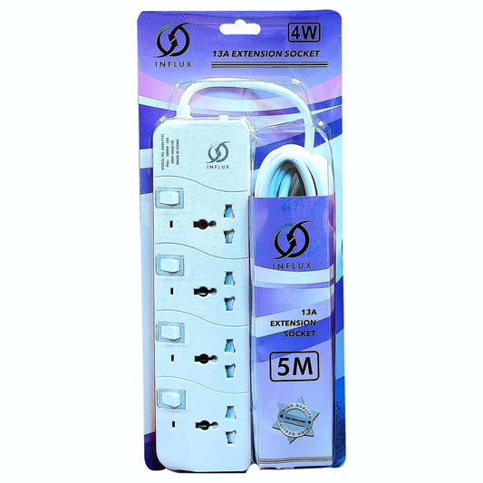 INFLUX Extension Cord with 4-Outlet - 5 Meter Multi Plug Extension Cable for Maximum Reach and Versatility - Power Strip with Universal Plug adapter and Heavy duty power Cord with 13A Fused plug. Visit the INFLUX Store