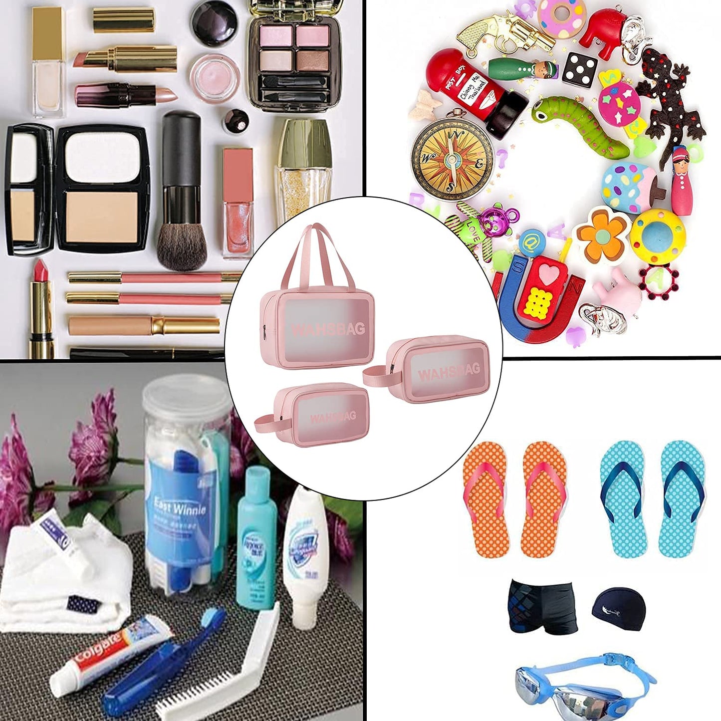 3Pcs Cosmetic Bag Vinyl Air Travel Toiletry Bags Bulk, Water Resistant PVC Packing Cubes with Zipper Closure & Carry Handle for Women Baby Men, Make-up brush Case Beach Pool Spa Gym Bag ZUOMIDIE