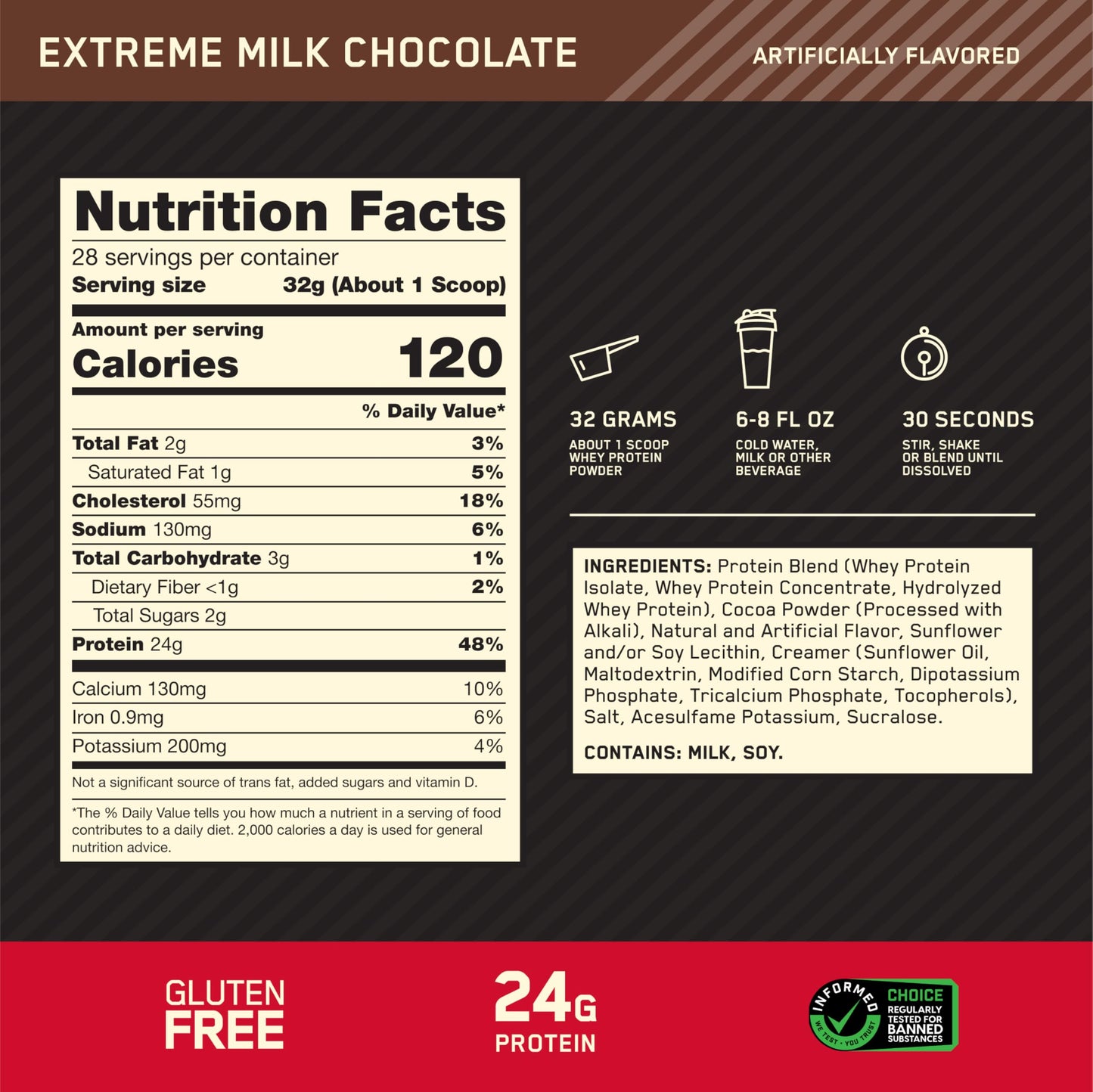 Optimum Nutrition (ON) Gold Standard 100% Whey Protein Powder Primary Source Isolate, 24 Grams of Protein for Muscle Support and Recovery - Extreme Milk Chocolate, 2 Lbs, 28 Servings (907 Grams)