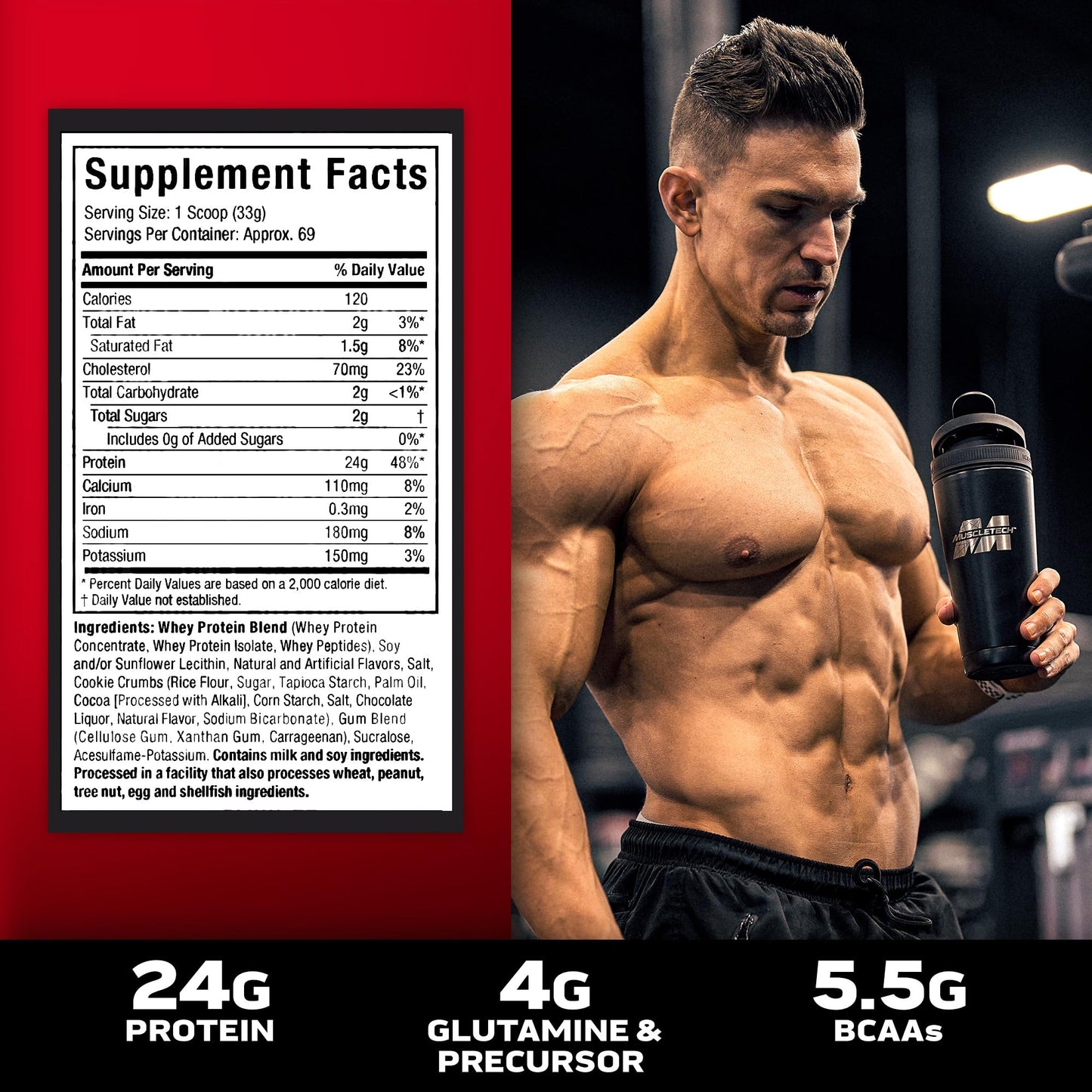 Muscletech Nitro Tech Ultra-Pure Whey Protein Formula for Fast Recovery Gluten Free with 24 grams Protein, 5.3 grams BCAAs & 4 grams Glutamine & Precursor Protein Drink, Cookies & Cream, 5.00 lbs